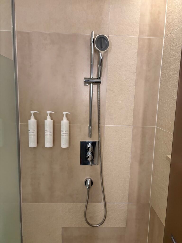 Walk-in shower with handheld showerhead and wall-mounted KORRES bath products