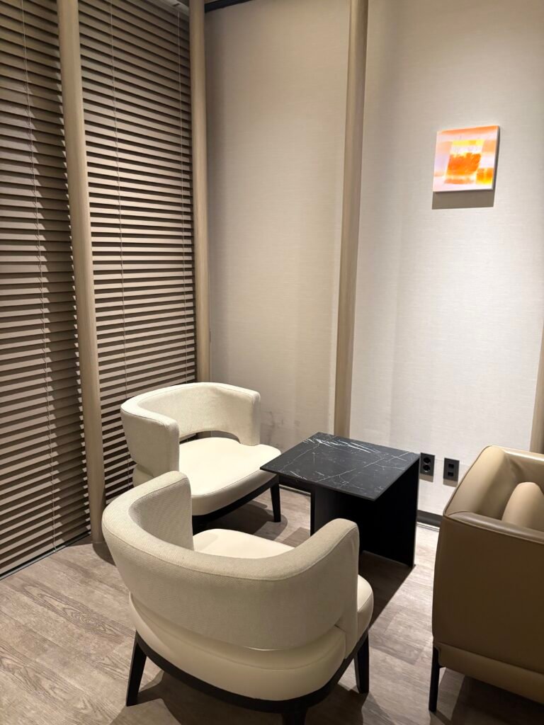 Armchairs and tables in the compact Premier Lounge seating area