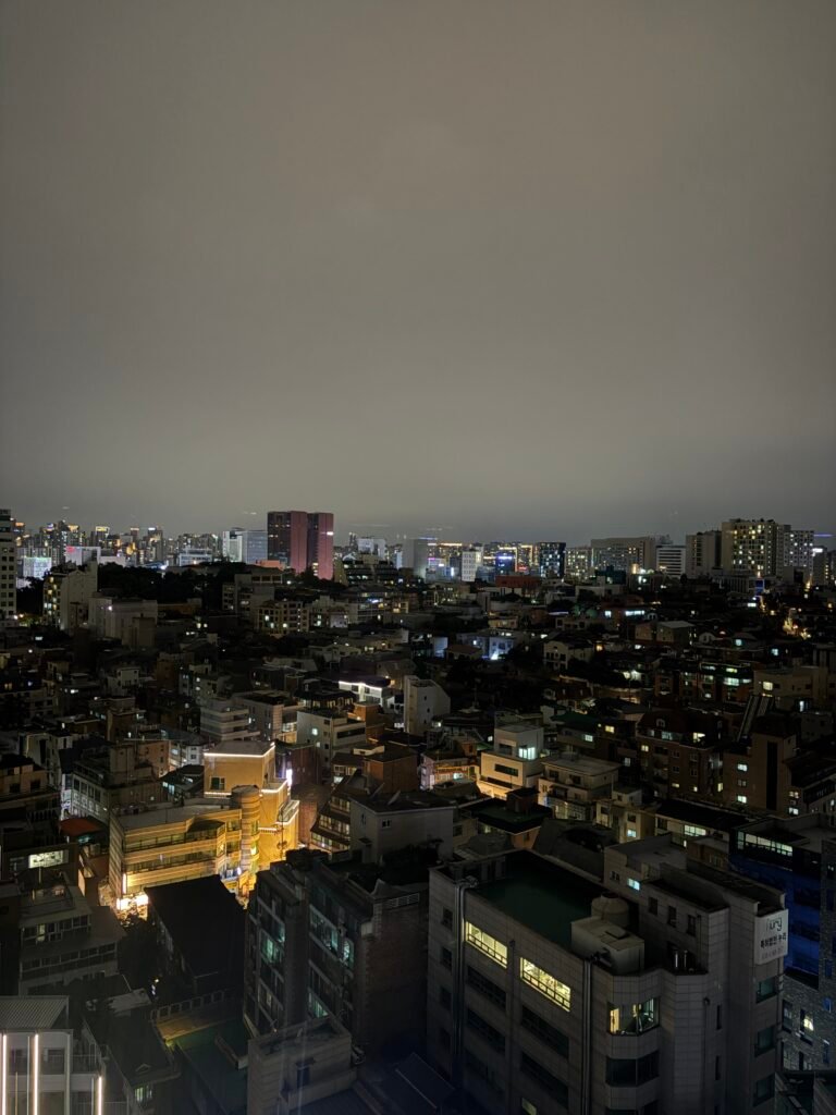 Night view over illuminated buildings in Yeoksam from AC Hotel Seoul Gangnam