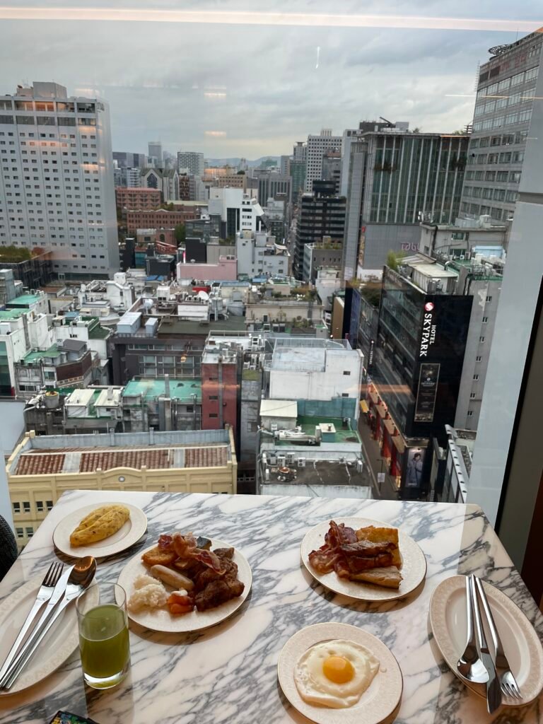 Club Lounge breakfast table overlooking Myeongdong from the 15th floor