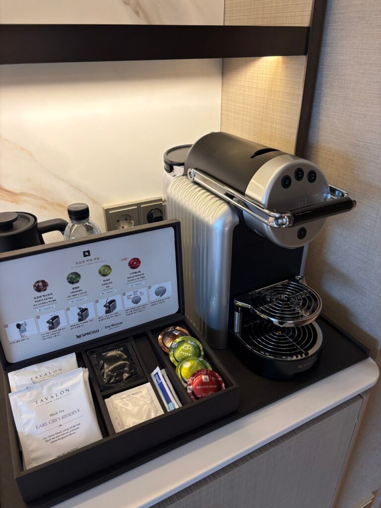 Nespresso machine, kettle and minibar area in a guest room at The Westin Seoul Parnas