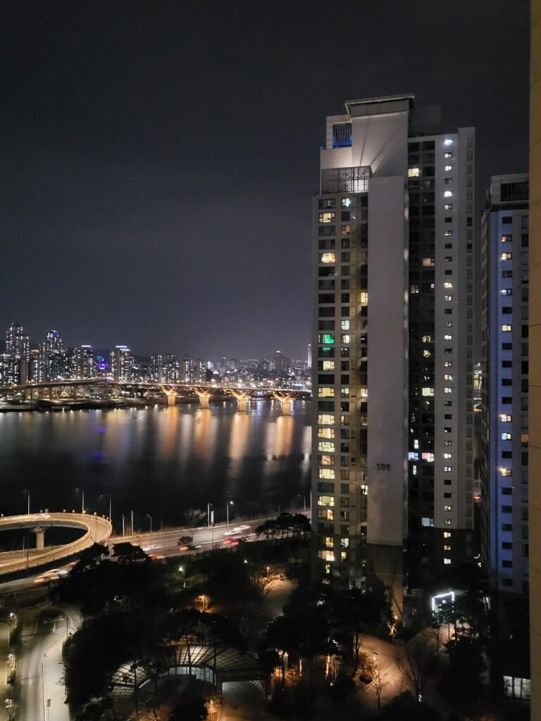 Night view of the Han River and Cheongdam apartments from Aloft Seoul Gangnam