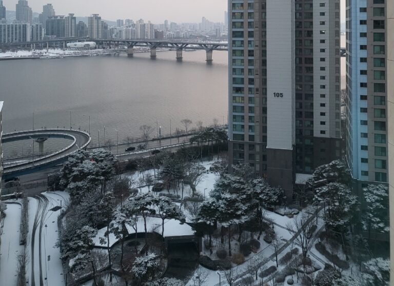 Snowy Han River and apartment view from a guest room at Aloft Seoul Gangnam
