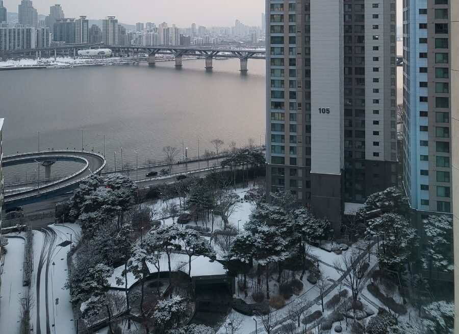 Snowy Han River and apartment view from a guest room at Aloft Seoul Gangnam