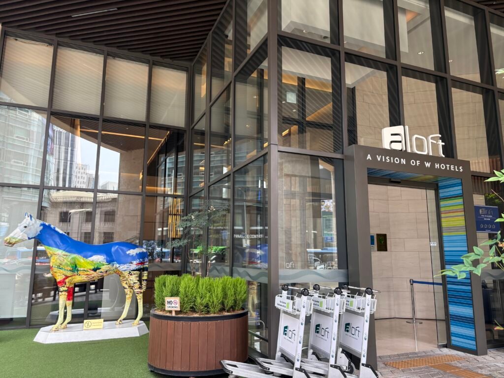 Entrance of Aloft Seoul Myeongdong photographed in 2026