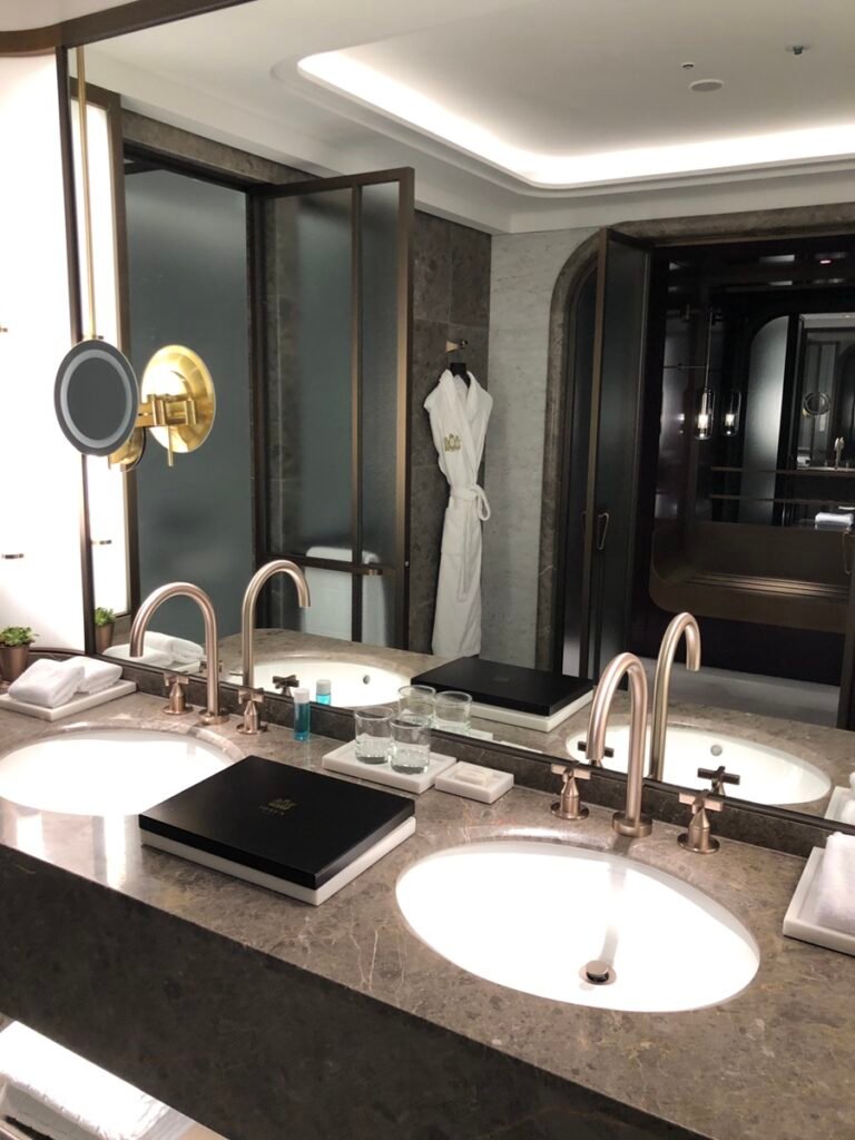 Marble bathroom with double vanity in a Masters Room at Josun Palace Seoul