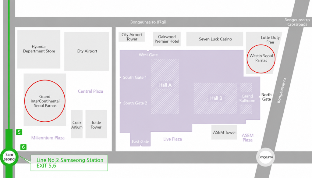 COEX map showing Grand InterContinental Seoul Parnas near Samseong Station and The Westin Seoul Parnas on the northern side of COEX