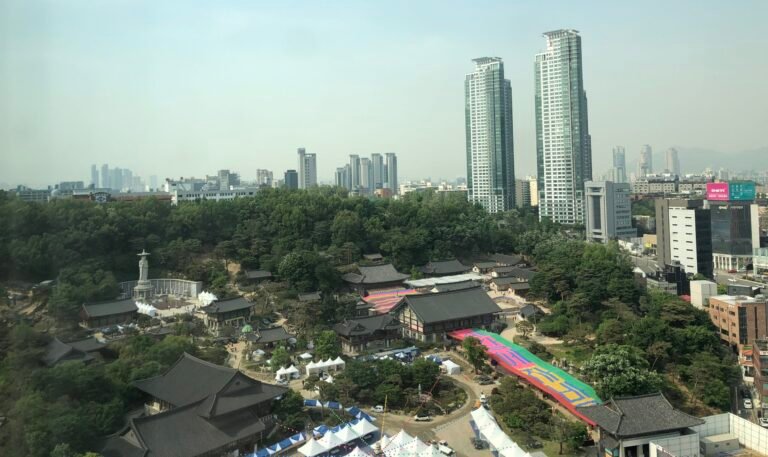 Bongeunsa Temple and modern skyscrapers in the COEX area of Gangnam, Seoul