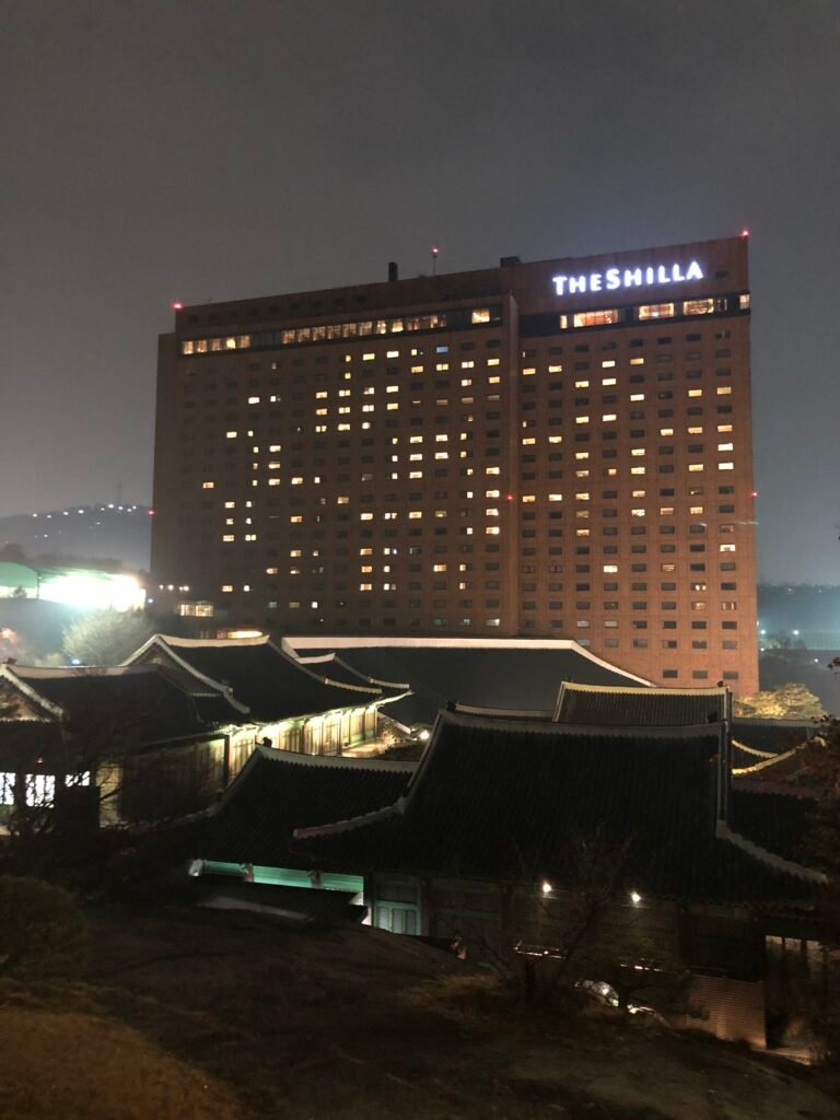 The Shilla Seoul hotel exterior illuminated at night