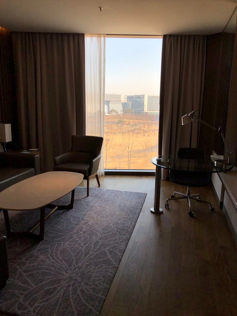 Courtyard Suite living area overlooking Seoul Botanic Park